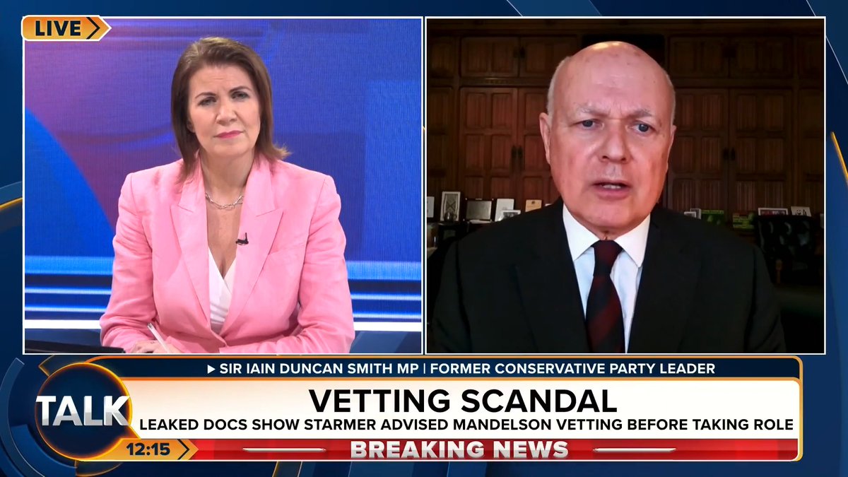 🚨"The reality for the public is simple. Keir Starmer knew who he was appointing. They knew he was utterly corrupt." Sir Iain Duncan Smith says you didn’t even need to know about Mandelson's Epstein ties to know he would've been "dangerous" in that job. Julia Hartley-Brewer | Iain Duncan Smith MP Chingford & Woodford Green