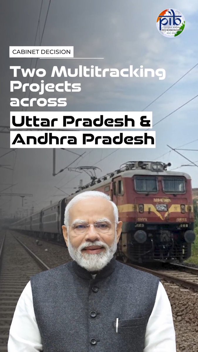 Union Cabinet approves multitracking across UP and Andhra Pradesh🚆 With an outlay of ₹ 24,815 Crore, the Government has approved rail multitracking projects across 15 districts in Uttar Pradesh & Andhra Pradesh 🎥Watch how this move will strengthen connectivity between northern industrial hubs and key East Coast ports👇 Ministry of Railways #CabinetDecisions 🔗