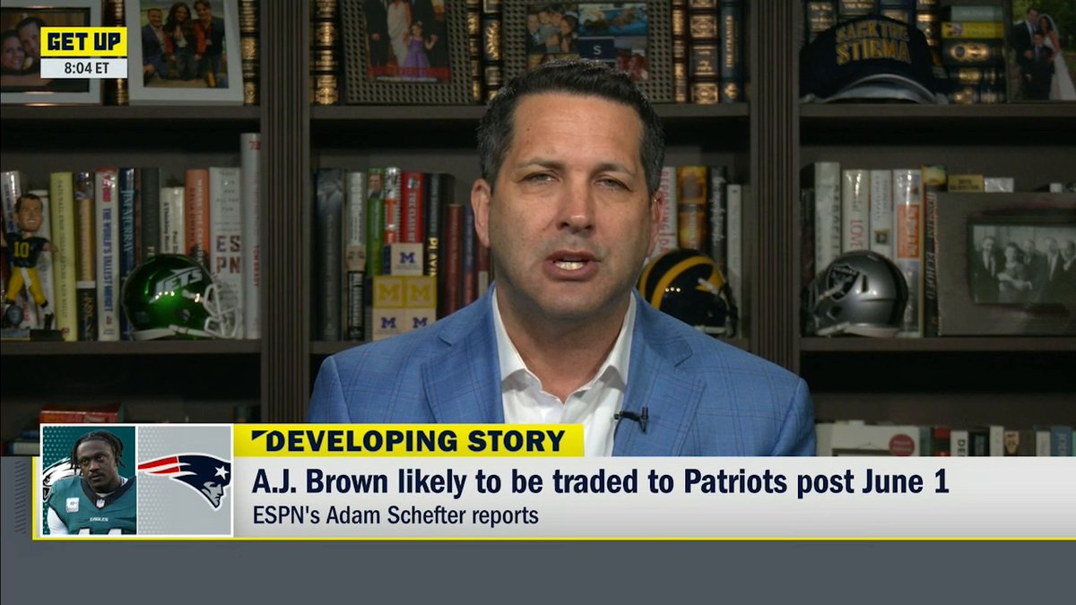 "The two sides have not committed to a deal, but they are likely to make that happen post-June 1. A.J. Brown would like to be traded. ... The New England Patriots have wanted him all along." Adam Schefter says A.J. Brown is likely to become a Patriot 👀