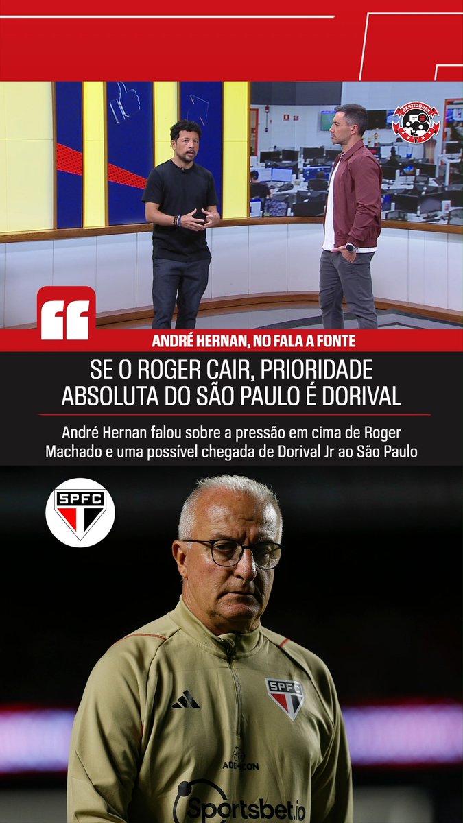 SE O ROGER MACHADO CAIR... No Fala a Fonte, André Hernan trouxe a informação de que, caso Roger Machado seja demitido, a prioridade absoluta da diretoria do São Paulo é repatriar Dorival Júnior! Saiba TUDO do mercado da bola no Fala a Fonte! De segunda a sexta, às 09h, AO VIVO no YouTube da ESPN Brasil! #FalaFonte #FutebolNaESPN #SPFC #DorivalJr