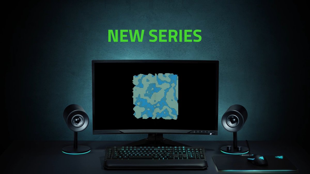Transform your setup with bold, graphic visuals by Razer Axon artist, Vitek: Using bold color palettes, Vitek creates hypnotic wallpapers that make your desktop feel nostalgic, playful, and alive.