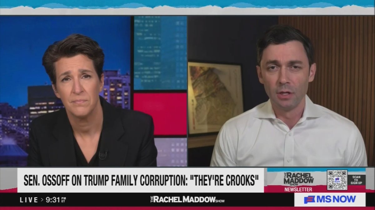 Ossoff: People across the political spectrum are feeling outrage that while families in Georgia are made to pay more and more for everything, the First Family is pocketing vast sums of money from all over the world. You were talking earlier about Jared Kushner — the guy leading our diplomacy in the Middle East is bringing in billions from Middle Eastern princes and sheikhs and going around the region asking for billions more while he conducts nuclear diplomacy on behalf of the country? It's cartoonish. It's grotesque. It's obscene.