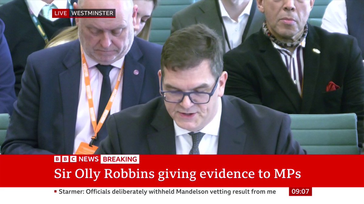 I walked into a situation where there was a "very, very strong expectation" that Peter Mandelson "needed to be in post and in America as quickly as humanly possible," Sir Olly Robbins tells MPs Follow live: