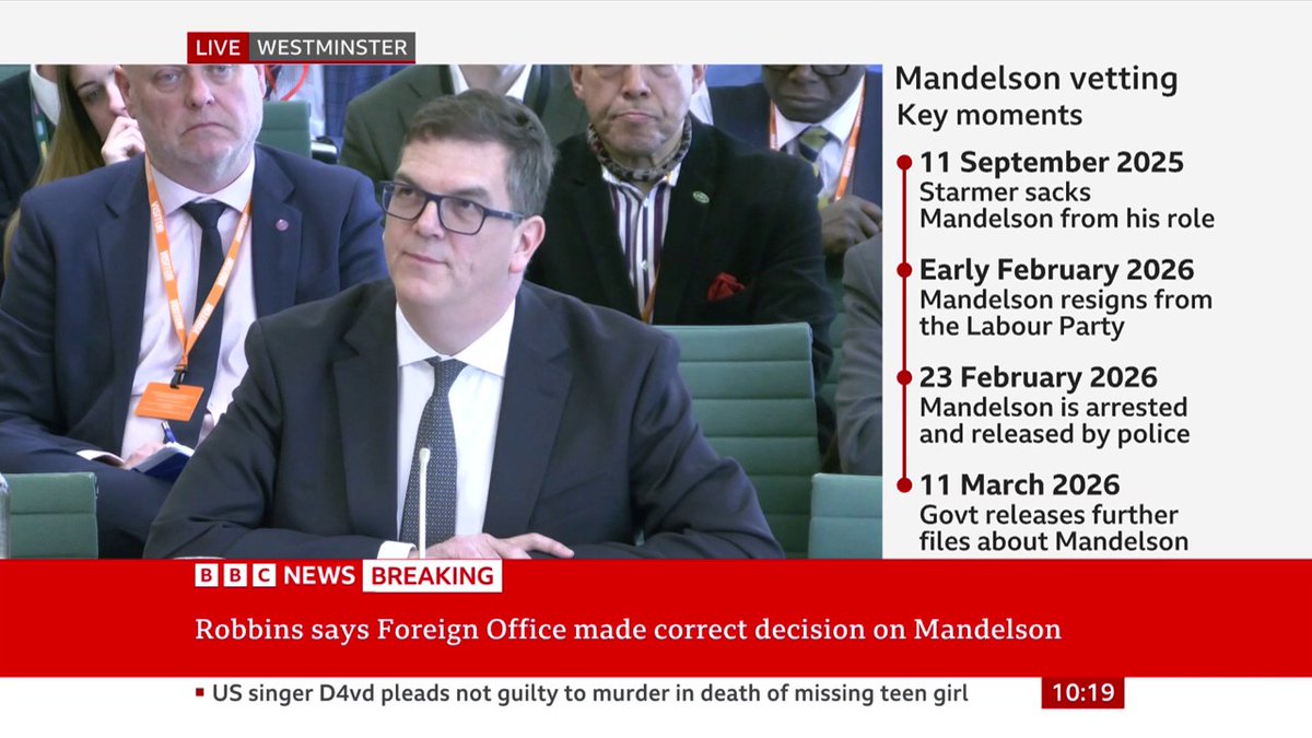 Sir Olly Robbins says he regrets that the due diligence process which threw up "serious reputational risks, didn't colour the prime minister's judgement in making the appointment" of Peter Mandelson Follow live: