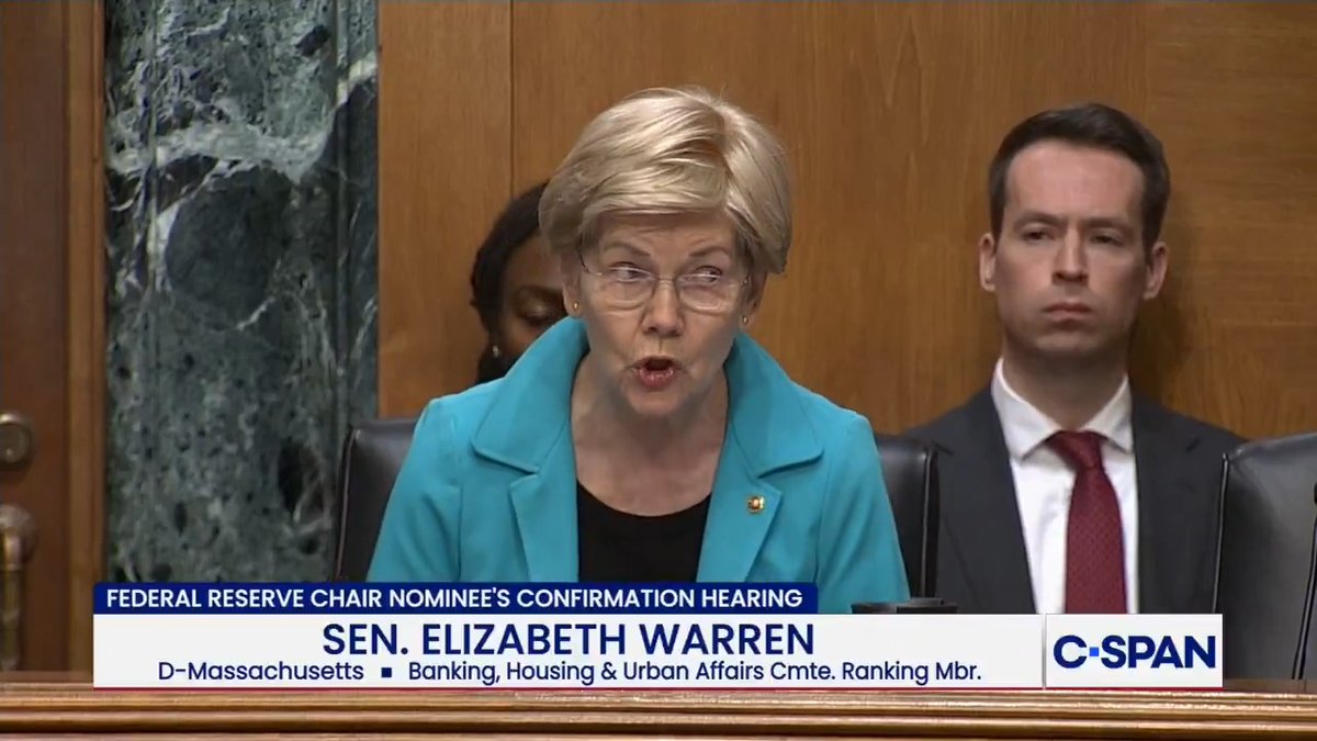 .Elizabeth Warren on Fed Chair nominee Kevin Warsh: "Evidently, he learned his lesson. This time around he sucked up to Donald Trump to snag his dream job…the Senate should not be aiding and abetting Donald Trump's illegal takeover of the Fed by installing his chosen sock puppet. "