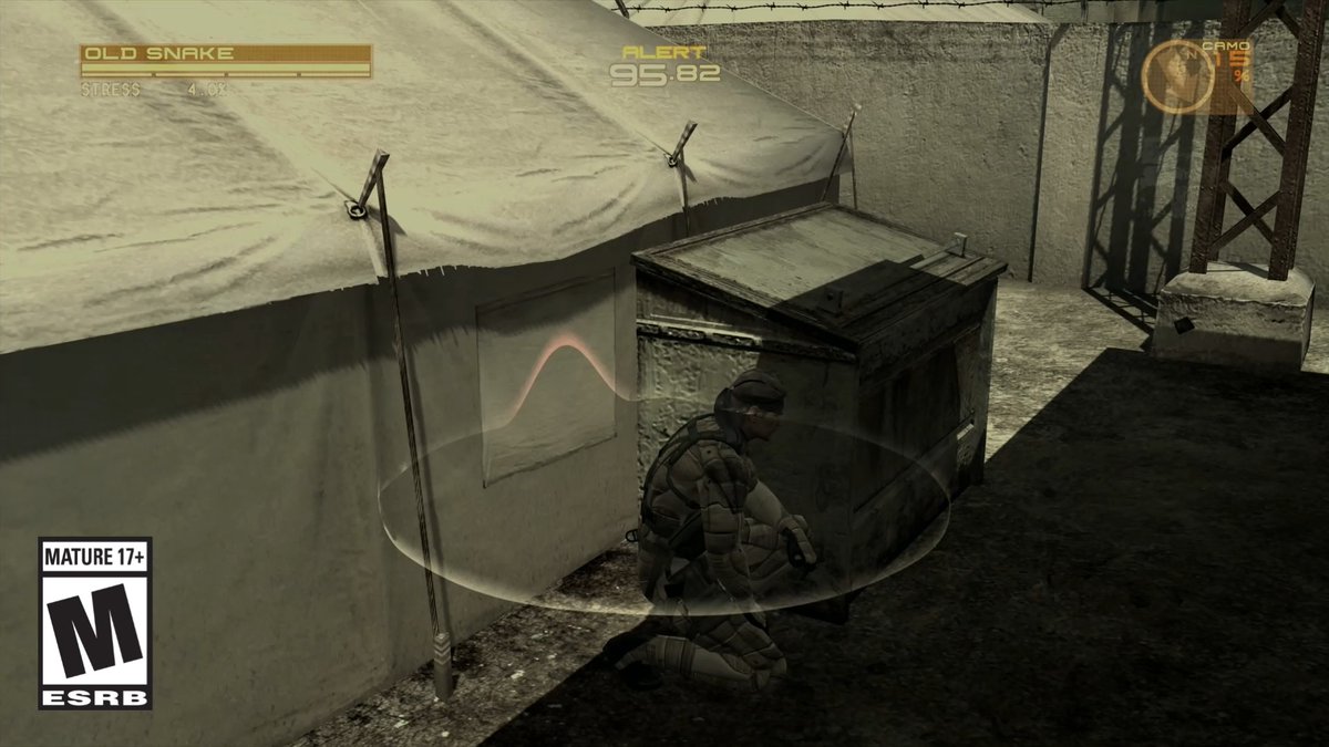 METAL GEAR SOLID 4: Guns of the Patriots 【Feature Highlight 2: The Threat Ring】 Appears when Snake is calm in a crouching or prone position, his senses in a sharpened state. Proximity and danger level of threats are shown through colors and shapes. #MGSVol2 #MetalGearSolid