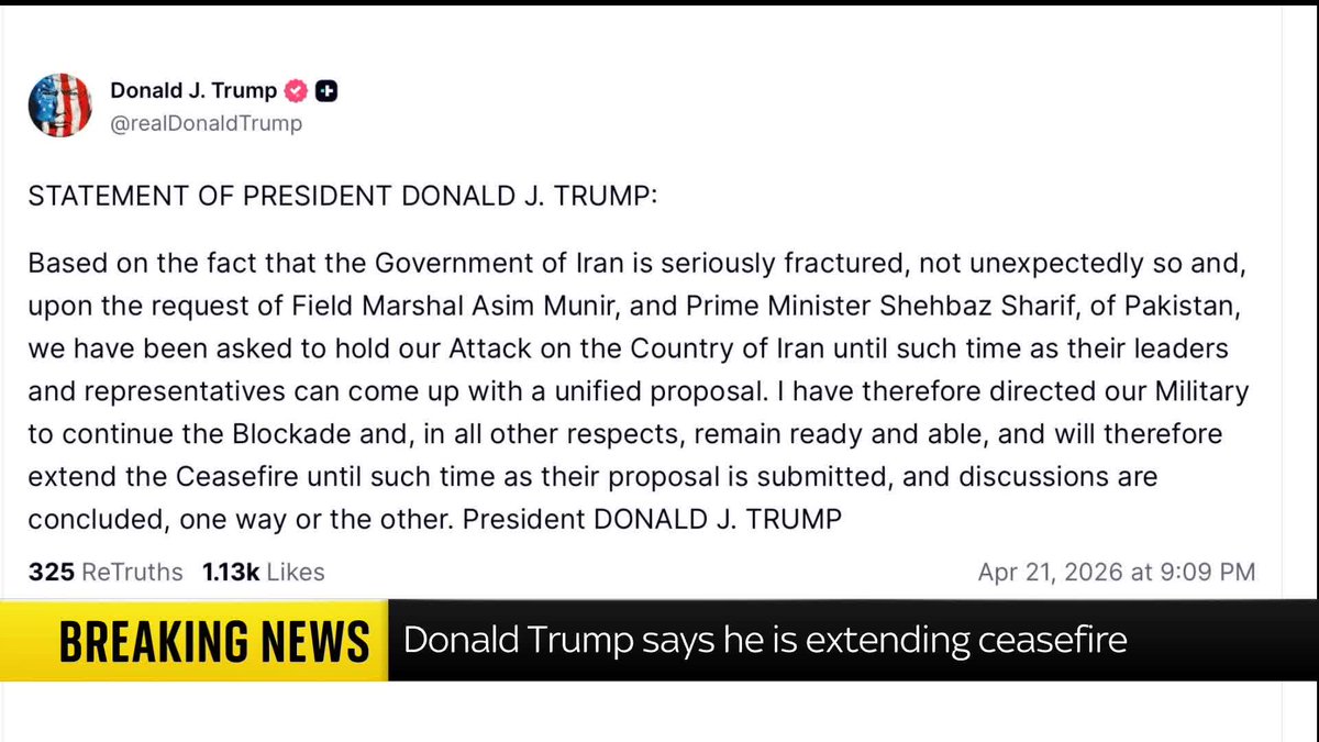 BREAKING: The U.S. will extend its ceasefire with Iran "until such time as their leaders and representatives can come up with a unified proposal", Donald Trump has said in a Truth Social post. 📺 Sky 501