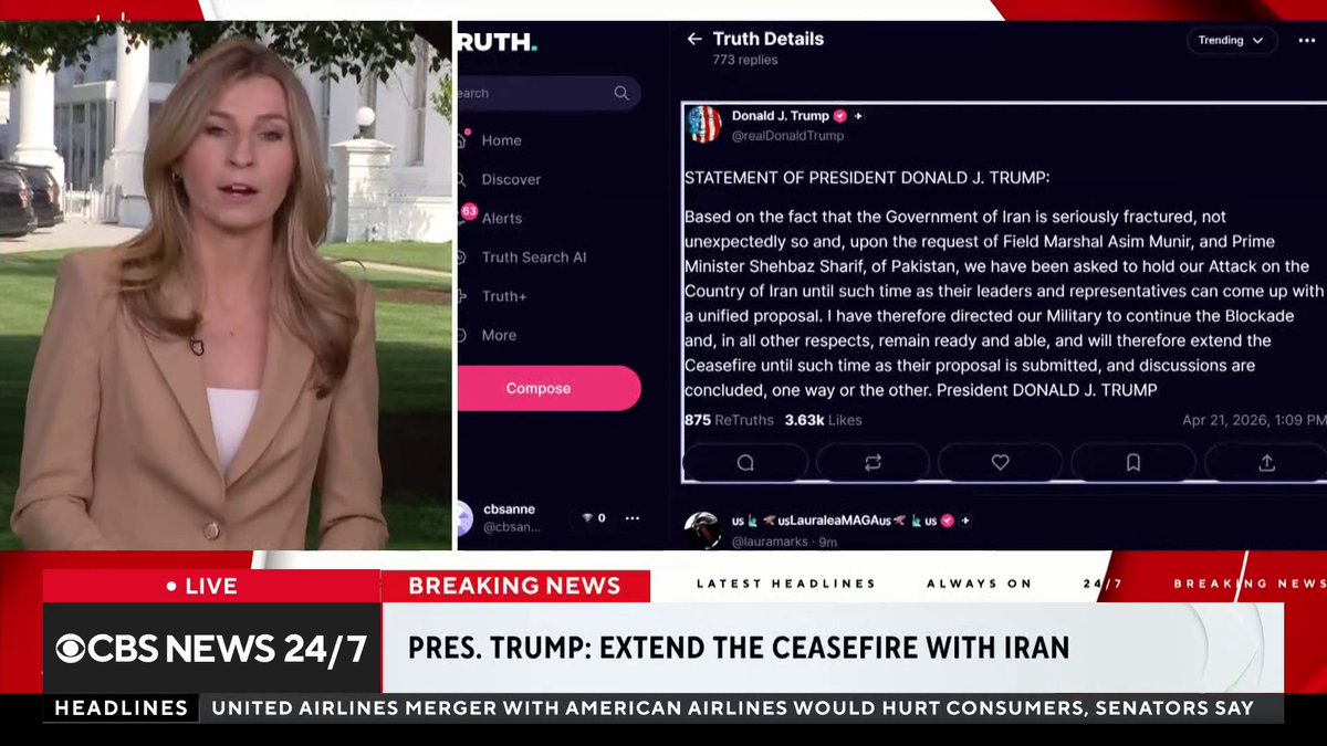 BREAKING: President Trump is extending the ceasefire in the war with Iran until talks between the U.S. and Iran are "concluded," he announced Tuesday, despite previously saying he wouldn't extend the deadline. CBS News' Olivia Rinaldi has more.