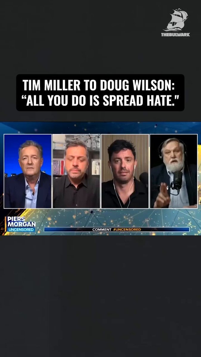 "I'm kind of tired of you being called pastor... you hate everybody. You attack Black people, gay people, immigrants, Jews. All you do is spread hate." - Tim Miller to Doug Wilson