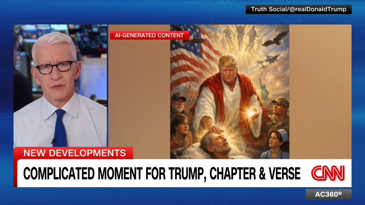 After posting an AI-generated image of himself being embraced by Jesus, President Trump again blurs the line between church and state and takes part in a marathon Bible reading event from the Oval Office.