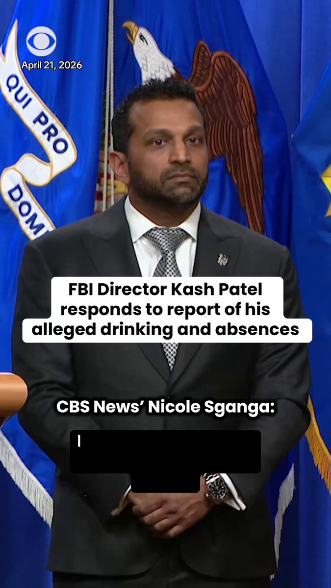 FBI Director Kash Patel commented Tuesday on a recent article in The Atlantic magazine about his alleged frequent drinking and absences, denying that he has ever been intoxicated on the job and touting his department's work. "I'm on the job. I'm the first one in, I'm the last one out," Patel told CBS News' Nicole Sganga. He also claimed he has "been on the job twice as many days as every director before" him.
