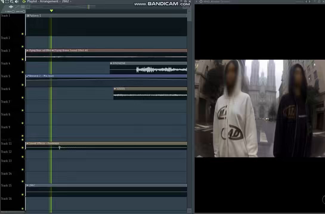 tela do projeto quando sonorizei o vídeo do zero. - a aceleração do motor de drone foi Serum 2 e bastante automação - as vozes foram feitas usando um ttf generator e mixadas no autotune EFX - alguns sfx foram samples manipulados na wavetable do pigments