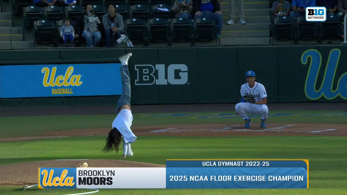 She hit the cartwheel 👀 Former UCLA Gymnastics star Brooklyn Moors, the 2025 NCAA floor champion, got creative with her first pitch at tonight's No. 1 UCLA Baseball game.