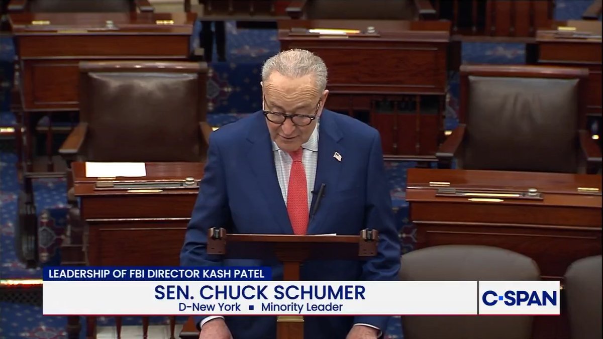 Sen. Schumer: "Kash Patel must resign immediately...America deserves steady, sober leadership from their FBI director, especially during a time of war. Kash Patel is not it and if Kash Patel wants to keep partying, he can do it somewhere else."