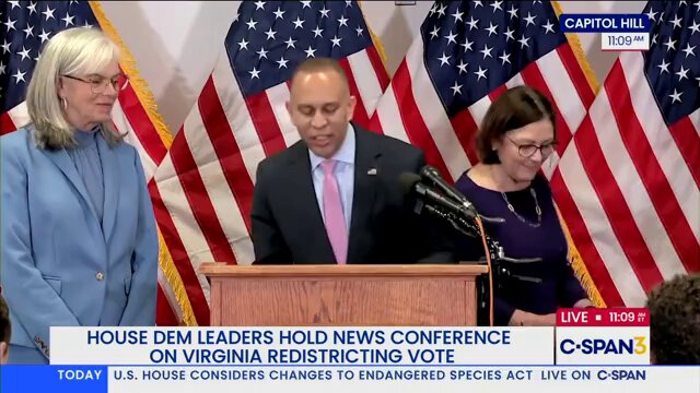 BREAKING: Hakeem Jeffries admits Democrats are gerrymandering Virginia maps to rig the midterms. He just celebrated the referendum win as a victory for democracy while promising the exact same fight in state after state. Jeffries listed all-out war on Trump's tariffs, ICE funding, and foreign policy. Democrats think this is how they steal back the House in November.
