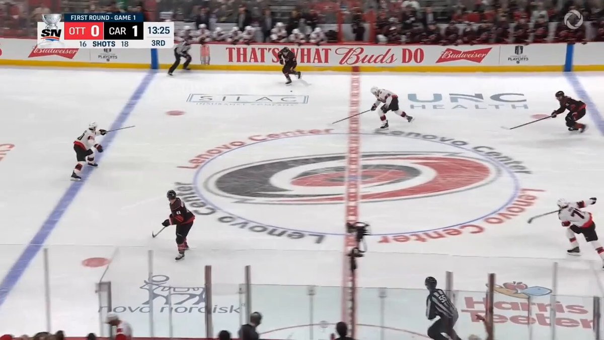 Nikolaj Ehlers and Tim Stützle are the two best puck carriers in the Sens vs Hurricanes series. They rank 2nd and 3rd, respectively in entries leading to scoring chances at even-strength. Some good examples of using the middle of the ice to create space...