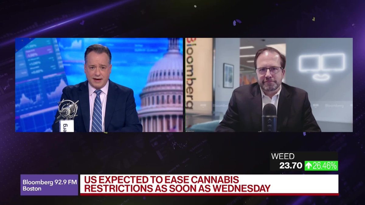 The US Justice Department is expected to reclassify marijuana into a less restrictive federal category as soon as Wednesday, according to a person familiar with the matter. The change could remove taxes for companies that sell marijuana. Shares of cannabis stocks rose on the news. Nathan Dean of Bloomberg Intelligence has more