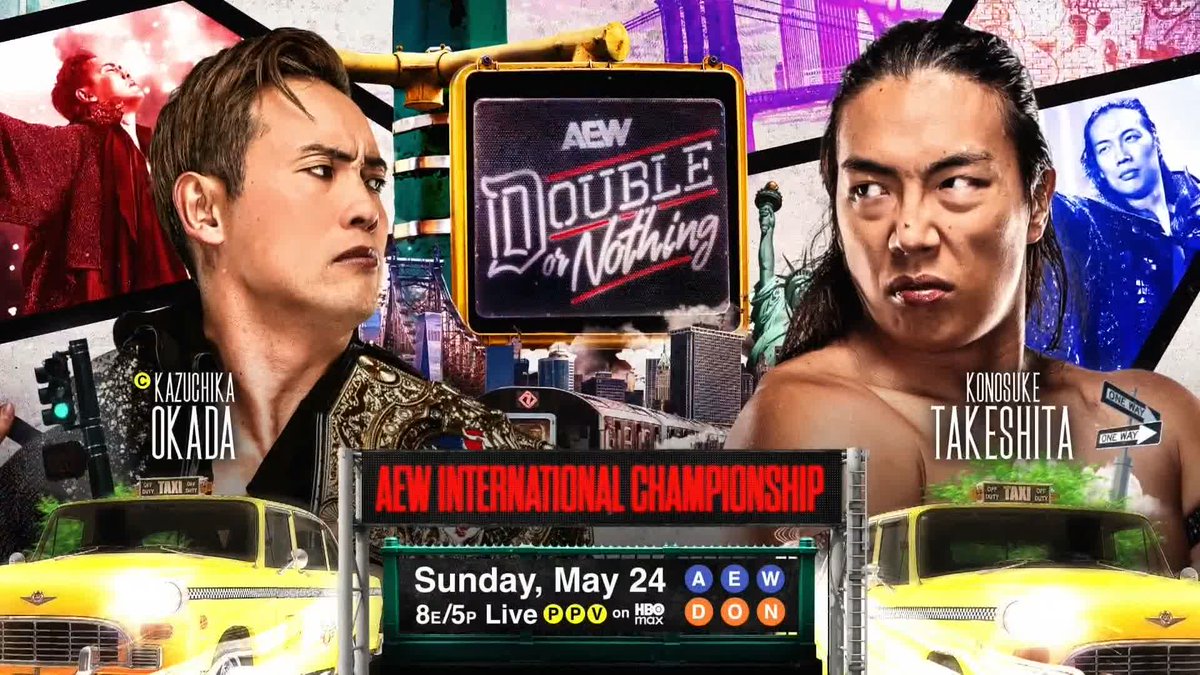 It’s finally happening at Double or Nothing on Sunday, May 24th: #AEW International Champion Kazuchika Okada vs. Konosuke Takeshita! Watch #AEWDynamite LIVE COAST-TO-COAST on TBS &amp; HBO Max