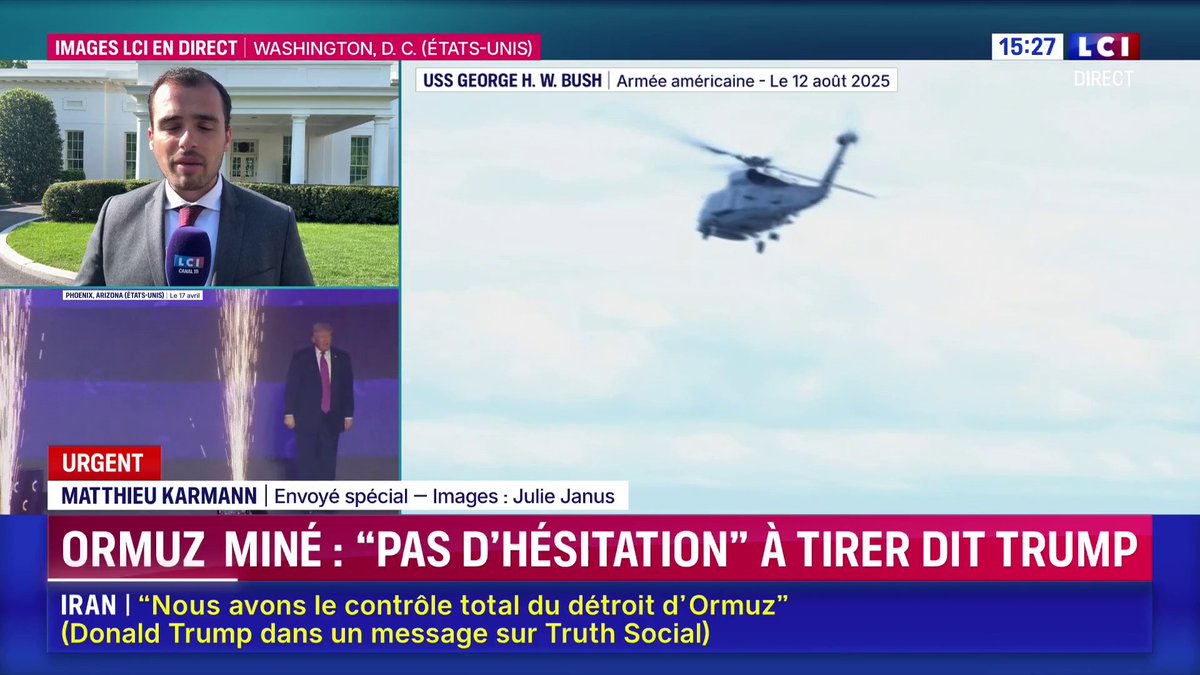 🔴 Donald Trump ordonne de détruire les bateaux iraniens posant des mines dans le détroit d'Ormuz et déclare avoir "le contrôle total" sur le détroit ➡️ Le point sur les dernières informations avec Matthieu Karmann en direct de Washington avec Julie Janus