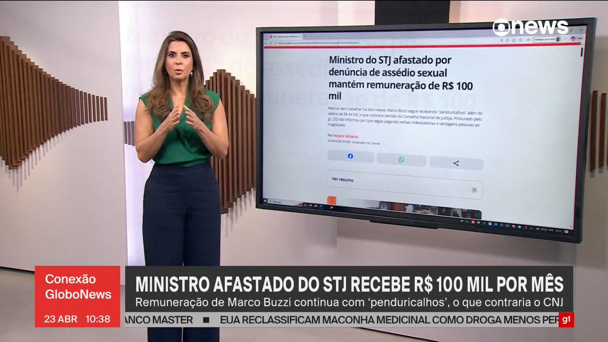 Ministro do STJ afastado por denúncia de assédio sexual mantém remuneração de R$ 100 mil. Mesmo sem trabalhar há dois meses, Marco Buzzi segue recebendo "penduricalhos" além do salário de R$ 44 mil. ➡️ Assista à #GloboNews: #ConexãoGloboNews