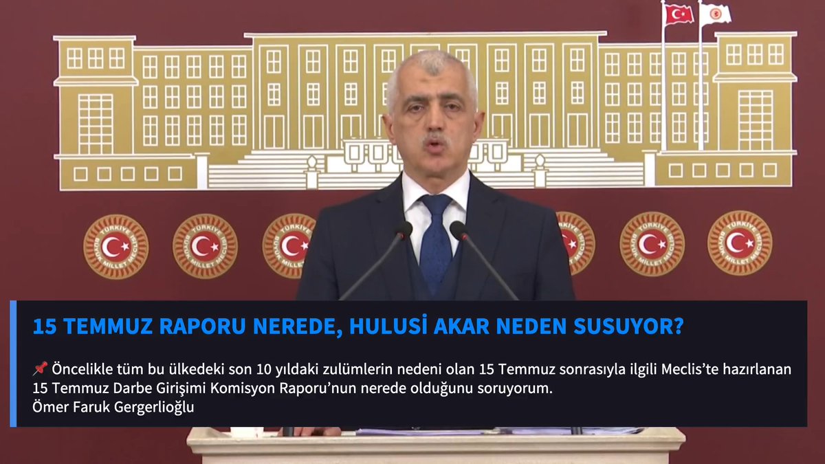 15 TEMMUZ RAPORU NEREDE, HULUSİ AKAR NEDEN SUSUYOR? 📌 Öncelikle tüm bu ülkedeki son 10 yıldaki zulümlerin nedeni olan 15 Temmuz sonrasıyla ilgili Meclis’te hazırlanan 15 Temmuz Darbe Girişimi Komisyon Raporu’nun nerede olduğunu soruyorum. Hulusi AKAR