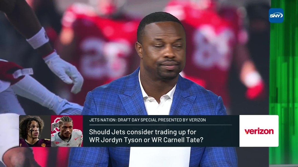 "If Tyson's sitting there at 10, the Giants are going to draft him. If the Jets want him, they've got to jump in front of them." Connor Hughes discusses what the Jets would need to do to get Jordyn Tyson and how Carnell Tate would fit in the Jets' offense: