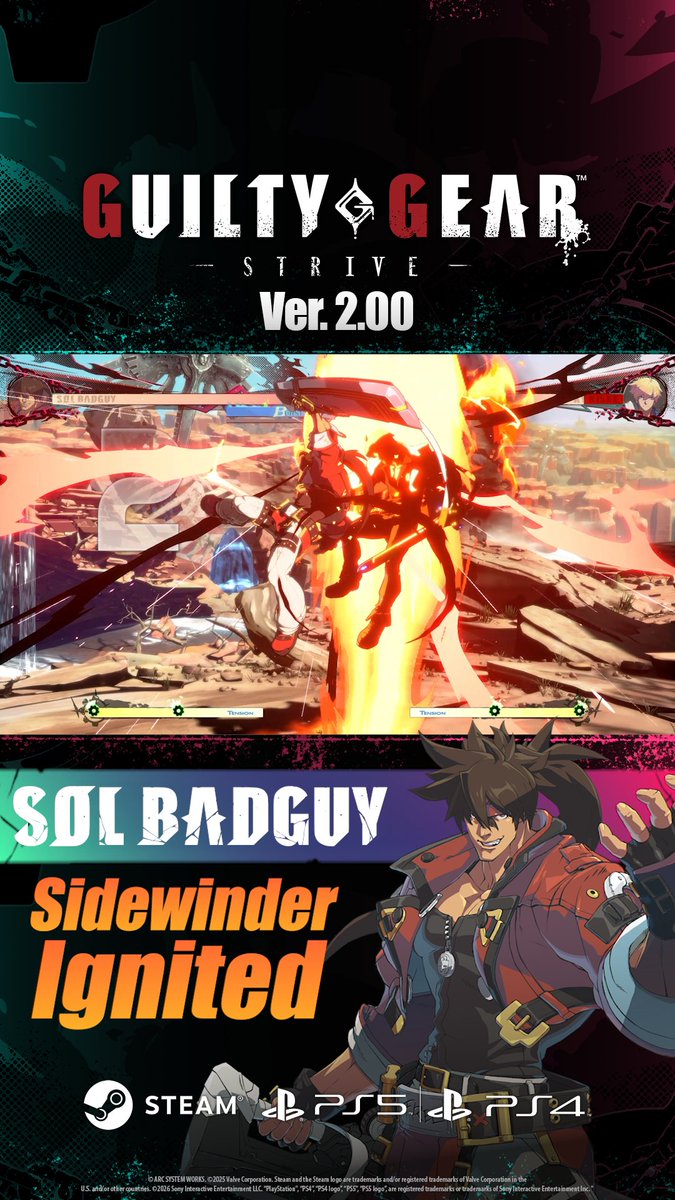 GUILTY GEAR -STRIVE- Ver.2.00 Highlight ✨ Sol gets a new move: Sidewinder Ignited 🔥 Available as a follow-up after the HS version of Volcanic Viper. It works well as the last attack in a combo, as it knocks the opponent down on hit. #GGST