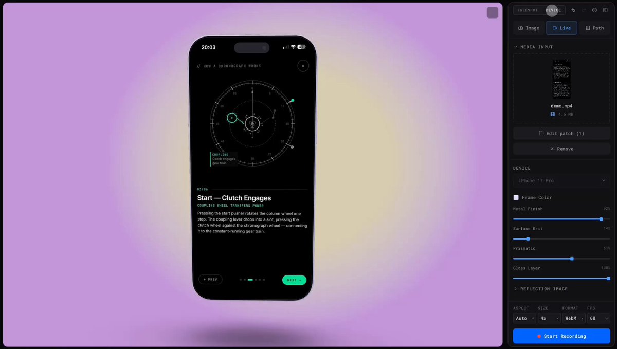 SOMEONE BUILT A TOOL THAT TURNS A SCREENSHOT INTO A CINEMATIC PRODUCT VIDEO you drop in a product screenshot or app screen and it spits out a polished cinematic shot or app store preview video in seconds it comes loaded with every editing option you'd actually pay a pro for: > motion presets like drift, tilt loop, pulse, sway, and showoff for cinematic movement > shot types like hero, drama, epic, showcase, and freestyle to frame your product like a real ad > post processing effects including glass glare, ground shadow, chromatic shift, heat ripple, and glitch > film grain, focus blur, and noir filters built in > export at 4x resolution, 60fps, WebM or MP4 in any aspect ratio you finally don't need any 3d designing or video editing experience, and you don't have to hire a motion designer for $500 a clip app store preview videos are the #1 thing every developer skips because they're such a pain to make now you can make one in your browser tab and 3 minutes this is the kind of polish that separates a vibe coded project from a legit application vibecoders are about to start shipping launches that look better than most seed stage startups