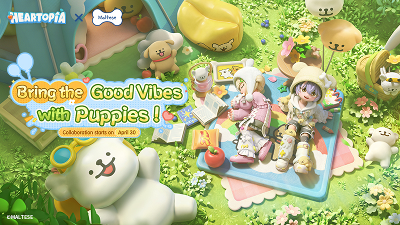 Camp with puppies and good vibes! ⛺️ Heartopia ✖ MALTESE PV is now live! Warm spring sun awaits. Join us for a fun outing with MALTESE on April 30! 🌸 #heartopia #MALTESE