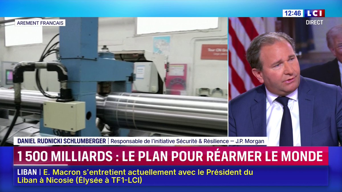 💰 Le plan de la banque privée JP Morgan pour réarmer le monde 🗣️ "Nous avons décidé, sur 10 ans, de prêter 1 500 milliards de dollars pour aider à sécuriser nos nations." 💬 Daniel Rudnicki Schlumberger, responsable du financement chez JP Morgan