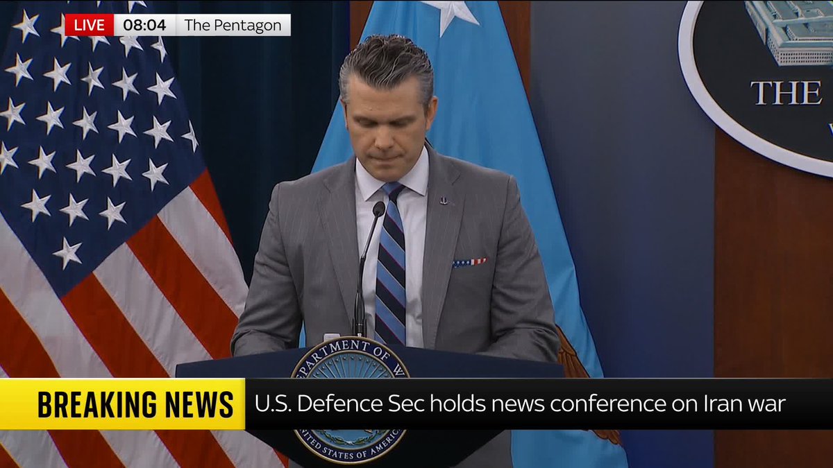 "It's a bold and dangerous mission, a gift to the world." U.S. Secretary of Defence Pete Hegseth opens his news briefing about the Iran war and says the U.S. has delivered "decisive military results". Latest: 📺 Sky 501 and YouTube