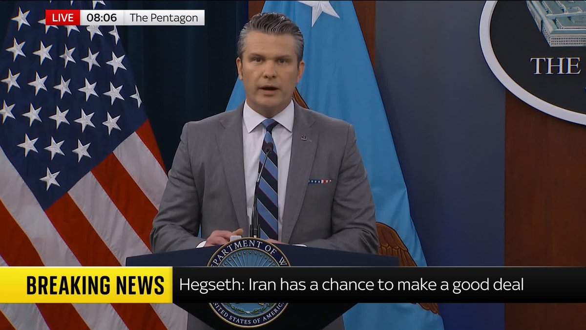 "To the regime in Tehran: The blockade is tightening by the hour. We are in control. Nothing in, nothing out." U.S. Defence Secretary Pete Hegseth on the U.S. naval blockade of Iranian ports. Latest: 📺 Sky 501 and YouTube