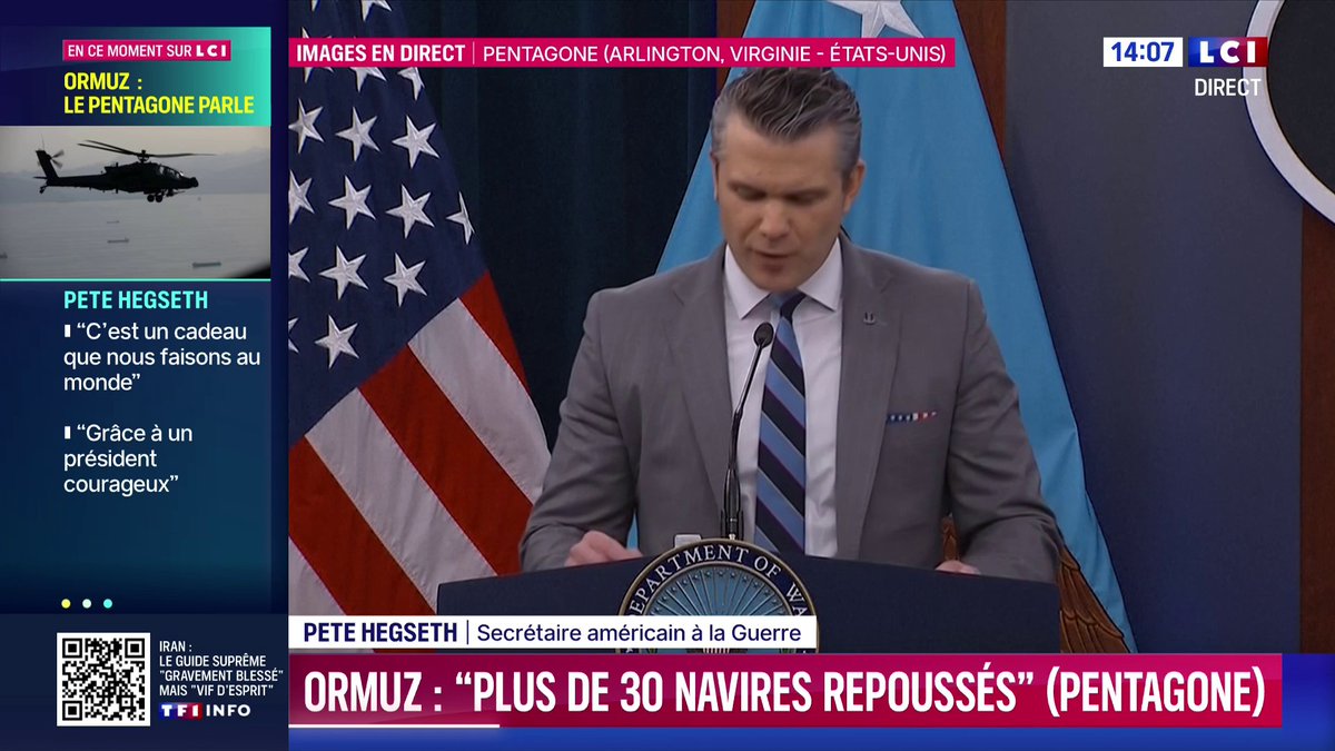 🔴 🗣️ "Si l'Iran pose des mines dans le détroit, s'il menace des forces armées, nous tirerons pour tuer… sans hésitation." 💬 Pete Hegseth, secrétaire américain à la Guerre, met en garde les Gardiens de la Révolution