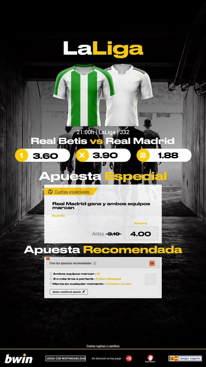Viernes y hay fútbol ⚽🔥 🟢El Betis defendiendo puesto europeo ⚪️El Madrid no puede fallar 🌟Echa un vistazo a las especiales para este partido y apuesta con bwin Crea tu apuesta 👉