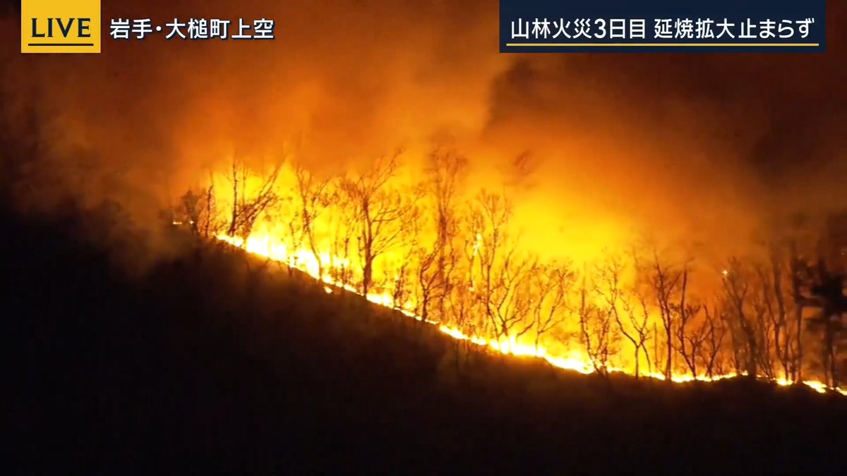 【大槌町山林火災】「激しい炎が噴き上がっている」 | 延増惇ディレクター 「火の勢いは衰えることなく、どんどん勢いを増してきているように思う。山林火災の山の頂上付近をとらえているが、地表から湧き上がるように、激しい炎が噴き上がっている姿が見てとれる」 「炎が山の斜面、山肌を伝うように燃え広がっていて、オレンジ色の炎に照らされて大量の煙が山を覆っているのが分かる」 「炎の範囲がどれだけ広いかが見て分かる。かなり広範囲に広がっていて、目算でも10kmくらいあるでしょうか。かなり火の手が散らばっていて、筋状の炎が広範囲に広がっているのが分かる。その延長線上に市街地が見える。炎が市街地に迫ってきているというところも見て取れる。衰える気配はなく、収束のめどは立っていない」