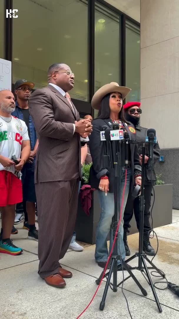 Dr. Candice Matthews and Quanell X lead a protest in downtown Houston ahead of a discipline hearing involving HPD officer Ashley Gonzalez. Gonzalez was relieved of duty this week after she posted a video on social media where she used racial slurs, including the N-word. 📝&📸: John Ferguson / reporter