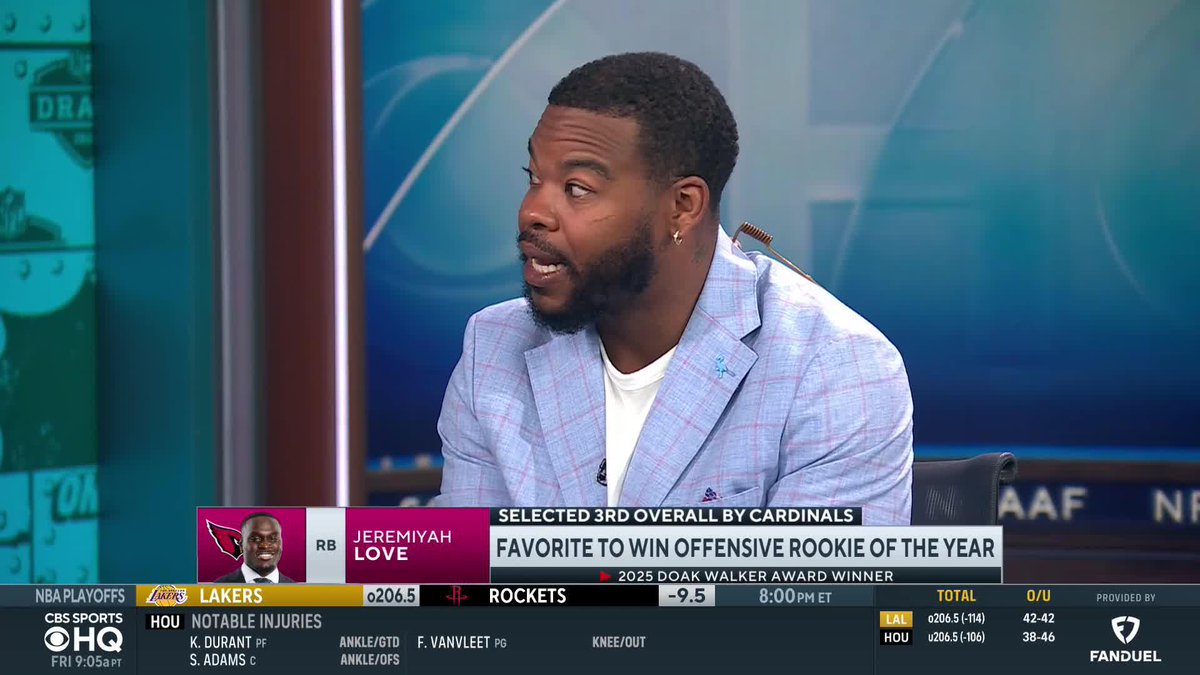 "I don't think Arizona is going to want to wear the tread off Jeremiyah's tires too early." Damien Harris wouldn't place any bets on Love to win Offensive Rookie of the Year.