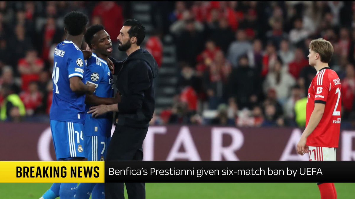 Benfica's Gianluca Prestianni has been banned for six matches by UEFA for homophobic conduct towards Real Madrid's Vinicius Junior during a Champions League match, with three of those suspended for a two-year period. Rob Harris | 📺 Sky 501/YT