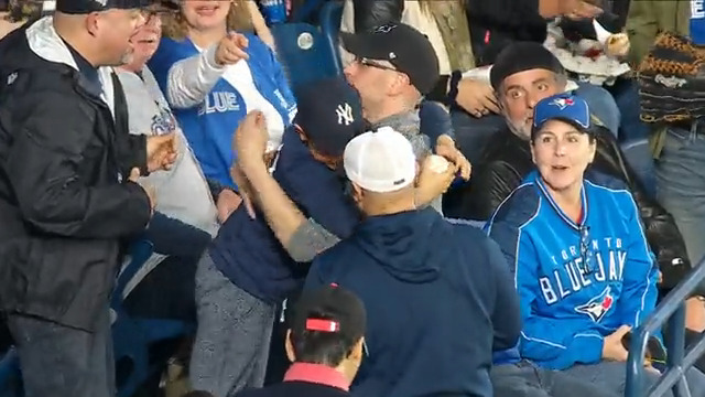 A Blue Jays fan caught an Aaron Judge home run ball, and proceeded to give it to a young Yankees fan wearing a Judge shirt. Be a good person like this man.