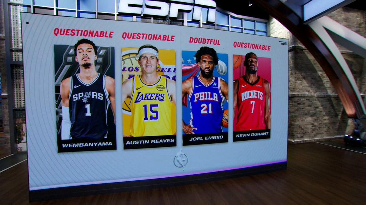 .Shams Charania gives updates on some of the biggest stars in question for Game 3 tonight: 👽 Victor Wembanyama 🌴 Austin Reaves 🚀 Kevin Durant 🔔 Joel Embiid