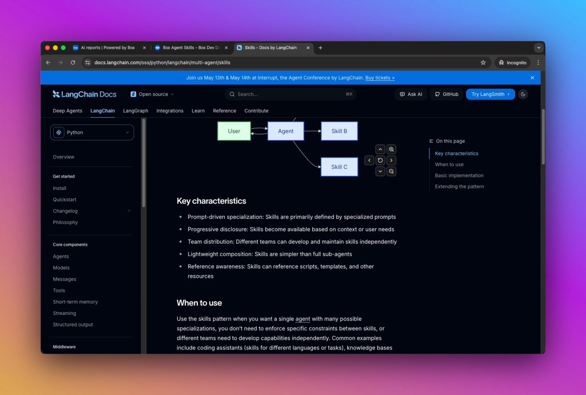 AI agents work better when they bring in context step by step. With Box Agent skills and progressive disclosure of LangChain skills, developers can quickly build AI agents that load the right skill at the right time, stay grounded in Box content, and keep access tightly scoped. Less context bloat. More control. Faster enterprise AI development.