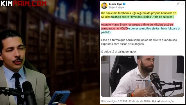 A verdade: o time Nikolas está se agrupando no NOVO. Cortezinho do Kim D. Paim. Comentário do tweet do Junior Japa . Vídeo completo em: