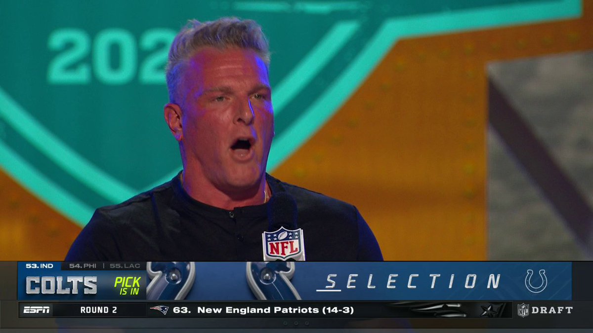 "The Indianapolis Colts have not won the AFC South in 12 years, that changes this year!" 👀 The Indianapolis Colts very own Pat McAfee helps Indiana with their 53rd pick in the draft in his hometown🔥