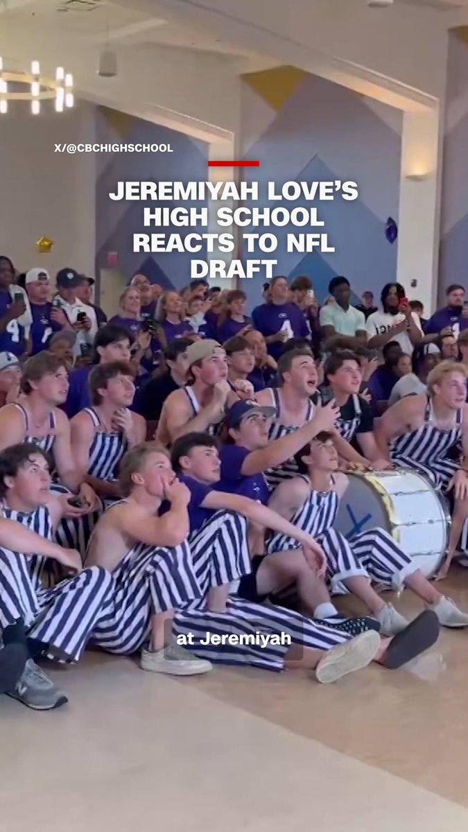 Running back Jeremiyah Love's former high school celebrates the moment he was picked by the NFL's Arizona Cardinals. Read more about the NFL draft: