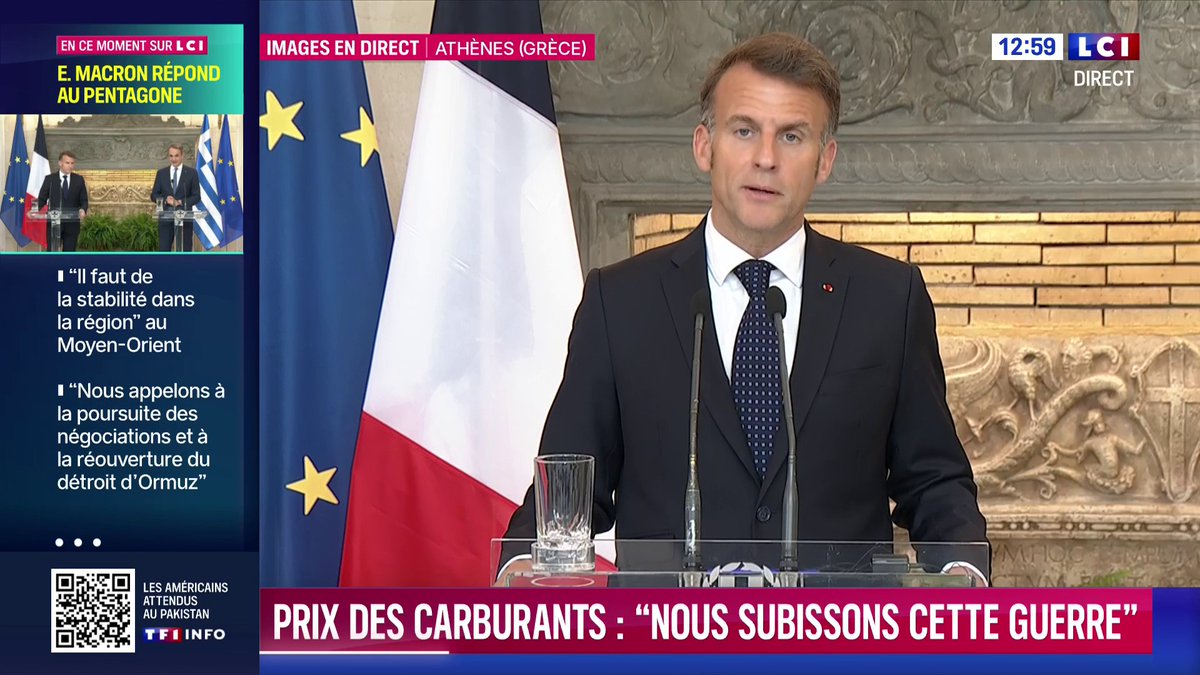 🔴 Emmanuel Macron : « Aujourd’hui la situation nous fait envisager aucune pénurie. Notre travail est de faire rouvrir Ormuz sans droit de péage » ▶️ Le chef de l'État répond aux questions de Nicolas Laurent depuis Athènes (Grèce)