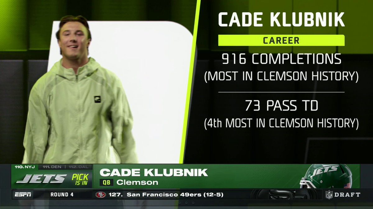 The Jets pick up Clemson QB Cade Klubnik with the 110th pick 👀 Watch Day 3 of the NFL draft NOW on ESPN, ABC, NFL Network and the ESPN App 🍿