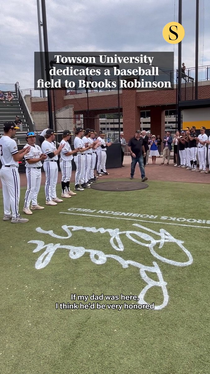 Orioles legend Brooks Robinson's son helped unveil Brooks Robinson Field at John B. Schuerholz Park at Towson University. "If my dad was here, I think he'd be very honored," Brooks David Robinson said of the late Hall of Famer. 🎥: Kenneth K. Lam, The Baltimore Sun 📸: Baltimore Sun staff and AP photos