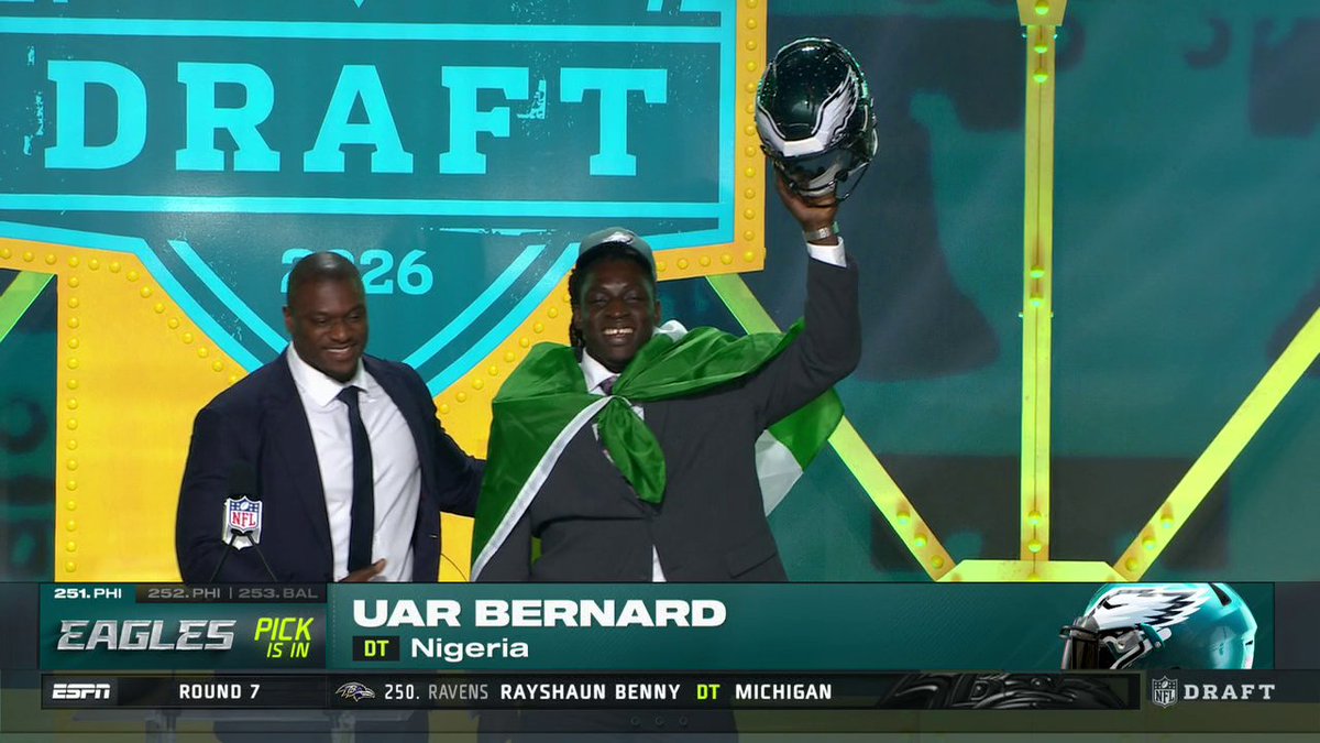 With the 251st pick of the 2026 NFL draft, the Philadelphia Eagles select Uar Bernard from Nigeria 🇳🇬 The 306-pound DT ran a 4.63 40-yard dash at the HBCU combine and is the first African International Pathway Program player to be drafted 👏 NFL Africa