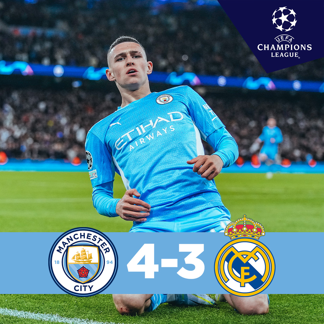 #OnThisDay: #ManCity 4-3 Real Madrid [2022] ⚽️ [2'] Kevin De Bruyne ⚽️ [11'] Gabriel Jesus ⚽️ [53'] Phil Foden ⚽️ [74'] Bernardo Silva - ⚽️ [33', 82' P] Karim Benzema ⚽️ [55'] Vinícius Júnior