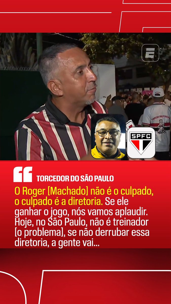 Antes do jogo contra o Mirassol, um torcedor do São Paulo falou com a reportagem da ESPN e opinou que a diretoria é quem tem culpa da má fase do time, e não o técnico Roger Machado. #FutebolNaESPN